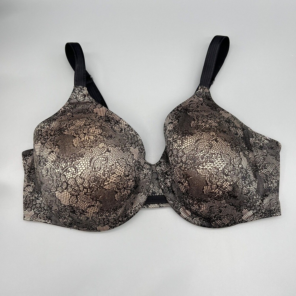 Bali Bra Smoothing Underwire Lace Print Black and Nude 42D EUC 3W11 DF3411